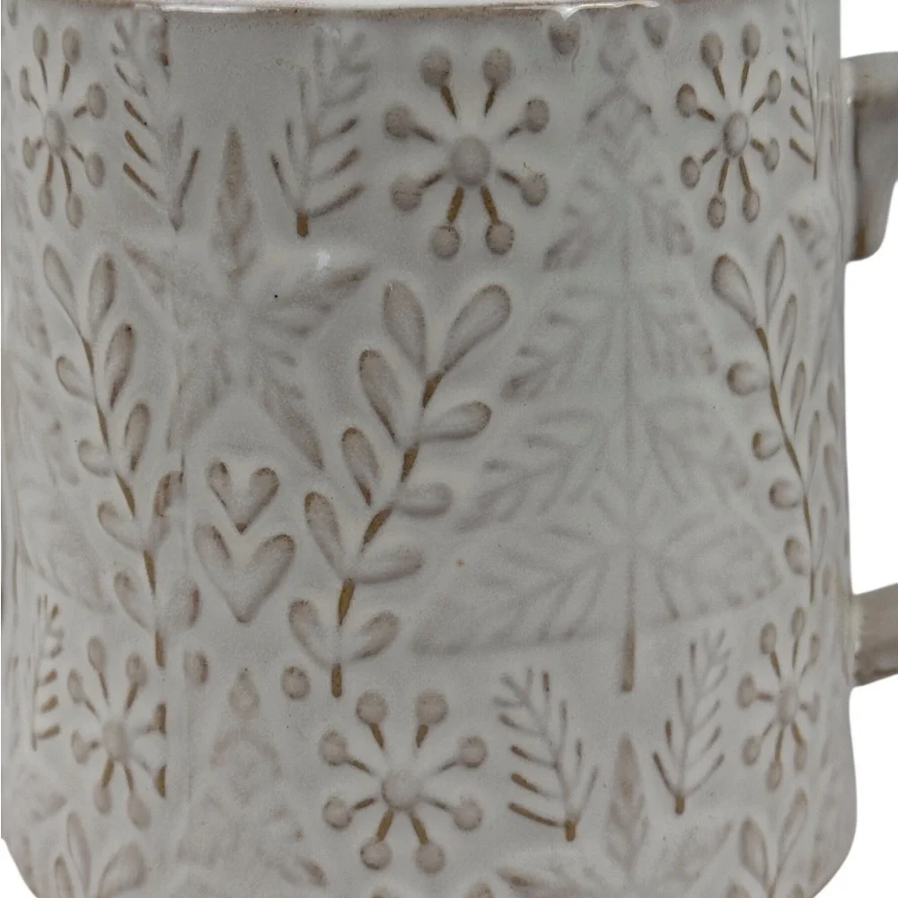 World Market Holiday Teapot Cream Reactive Glaze Embossed Ceramic NWT